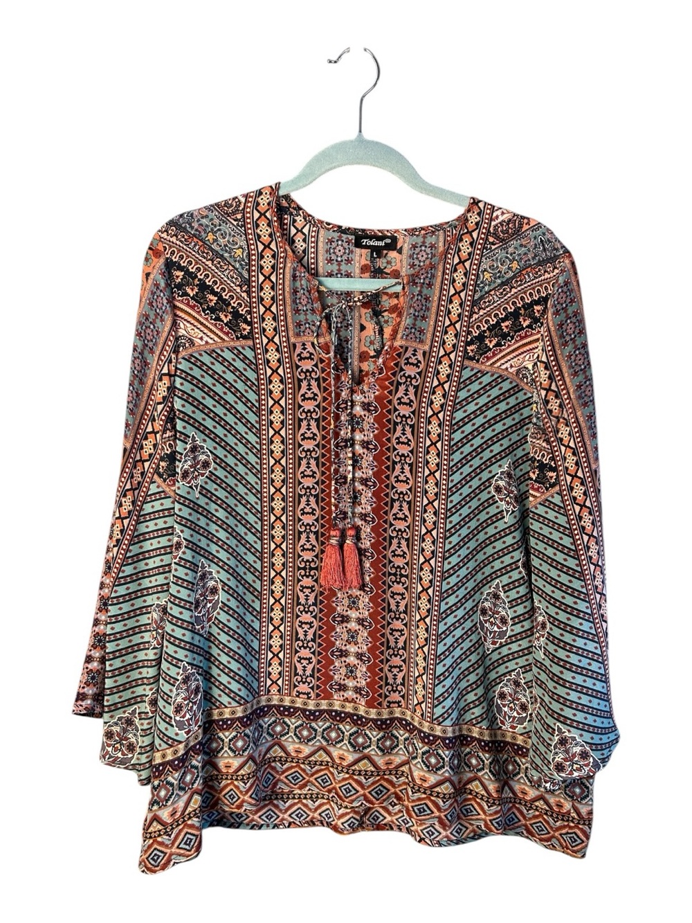 Tolani Silk Teal & Rust Printed Boho Tassel Tunic Size Large